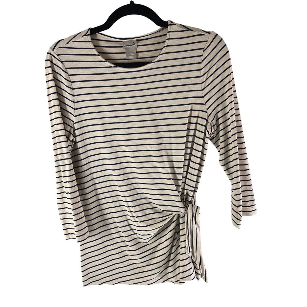 Chico's Knit Top Side Tie Detail Striped Navy Blue Beige 3/4 Sleeve Size 0 US S